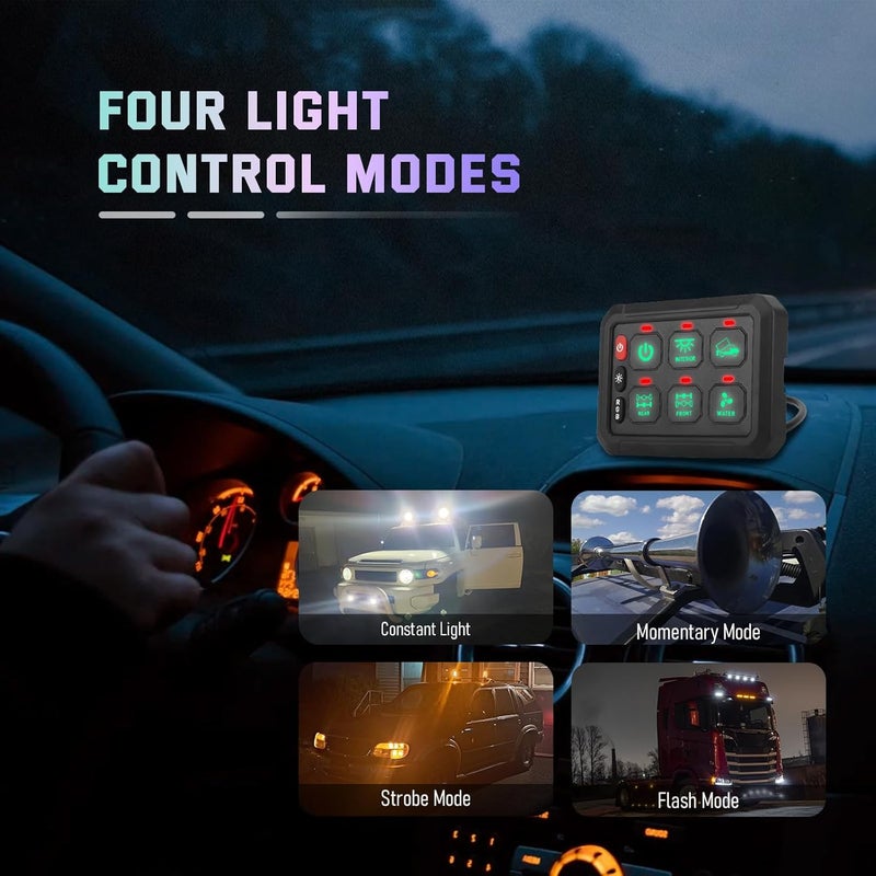 Chelhead Led AUX Switch Panel, 6 Gang RGB Backlit Multifunction Controller for Off Road Ditch Whip Lights Compatible with 12V 24V Car Trucks SUV Boat Marine UTV ATV, Aluminum - Image 2